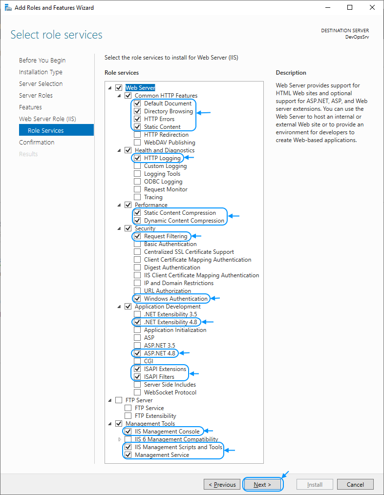 11 Enable IIS: Add Roles and Features Wizard: Select role services
