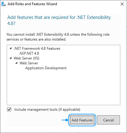 12 Enable IIS: Add Roles and Features Wizard: Select role services - Add features that are required for .NET Extensibility 4.8
