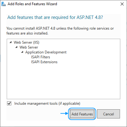 13 Enable IIS: Add Roles and Features Wizard: Select role services - Add features that are required for ASP.NET 4.8