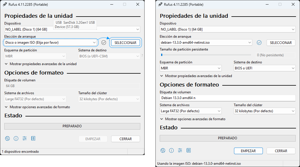 Ejecutar rufus seleccionar ISO