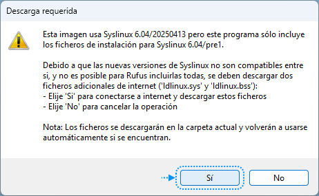 Rufus advertencia SYSLINUX